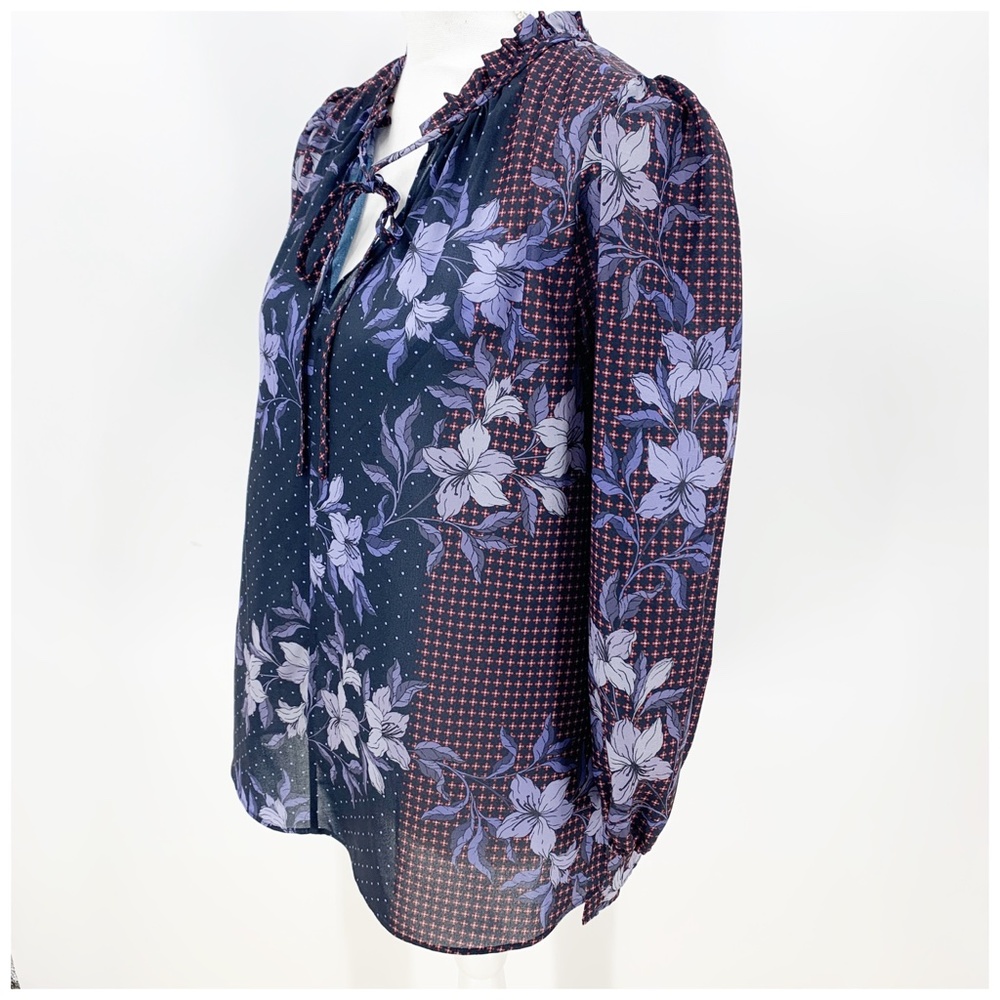 Shoshanna Mixed Floral Print Chiffon Ruffle Tie Neck 3/4 Sleeve Blouse S… - Picture 2 of 13